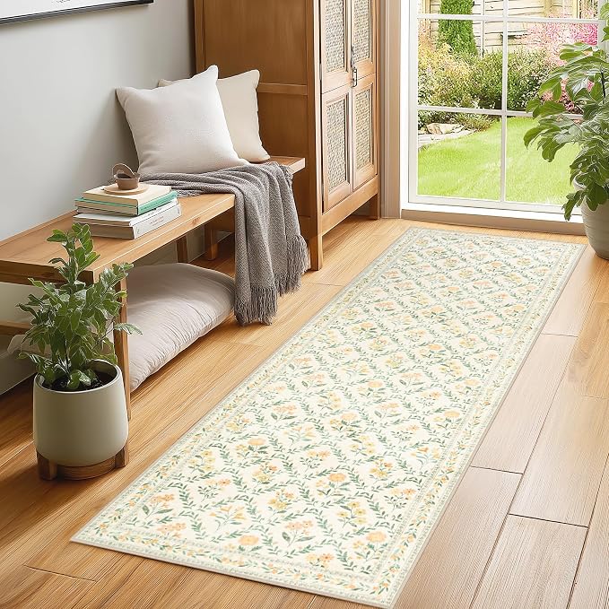PLHXFR 2x6 Washable Runner Rug：Floral Indoor Kitchen Carpet Beige Multi | For Hallway Bedroom Kitchen Laundry Bathroom Dorm,Vintage Floral,Machine washable,Non Slip,Stain Resistant,Indoor Floor