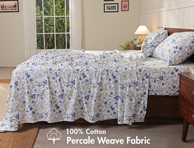 RUVANTI 100% Cotton Percale Sheets Full Size, Sweet Pea | Crisp Cooling, Deep Pocket 16", Soft Breathable & Durable, Hotel-Style, 4 Piece Set