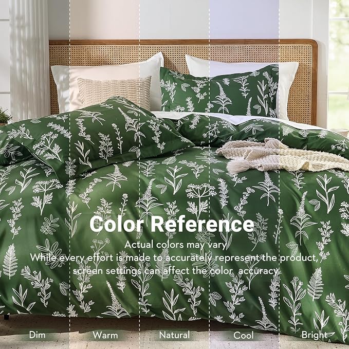 MUXHOMO Duvet Cover Queen Size, Reversible Floral Dark Green Duvet Cover Set with Zipper Closure, 3 Pieces Botanical Patterns Soft Microfiber Bedding Set with 4 Ties (90"x90", 2 Pillow Cases)