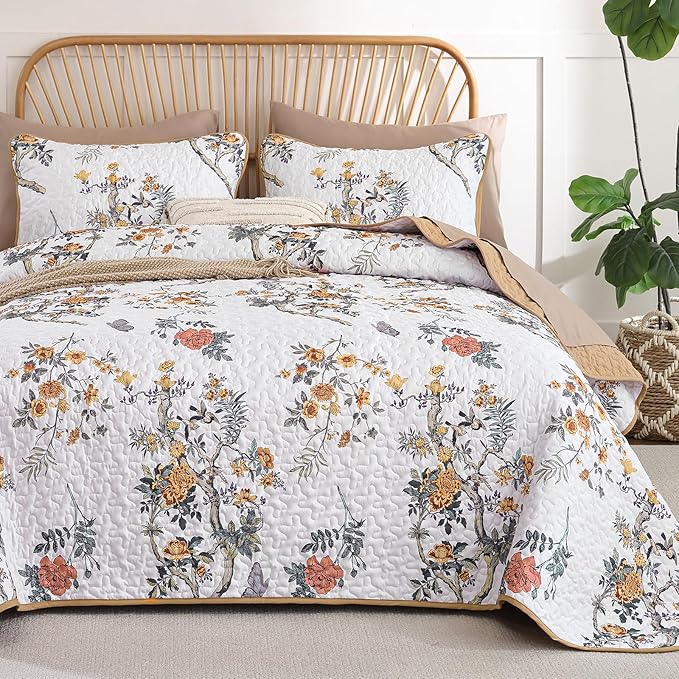 WONGS BEDDING Floral Quilt Set Queen, 3 Pcs Brown Orange Bedspread Coverlet | Spring Summer Floral Farmhouse Bedspread with 2 Shams,Soft Microfiber Lightweight Coverlet for All Season 96"×90"