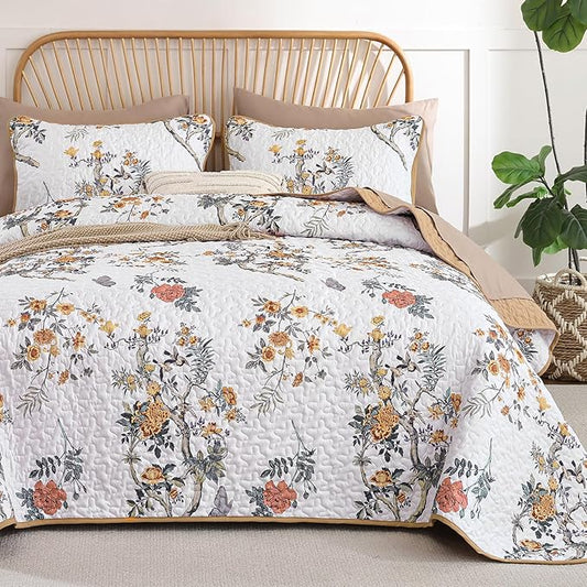 WONGS BEDDING Floral Quilt Set Queen, 3 Pcs Brown Orange Bedspread Coverlet | Spring Summer Floral Farmhouse Bedspread with 2 Shams,Soft Microfiber Lightweight Coverlet for All Season 96"×90"