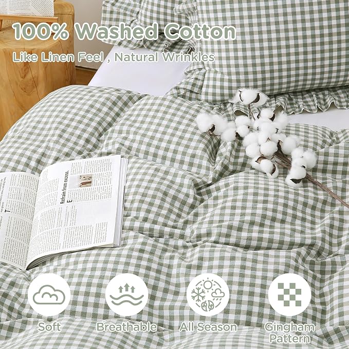 ATsense Green Gingham Ruffle Duvet Cover Set Cotton Like Linen, King | 100% Washed Cotton Linen-Like Feel Soft, Breathable & Comfy. Farmhouse Bedding Set with Zipper & 8 Ties. 3 Pcs, No Insert