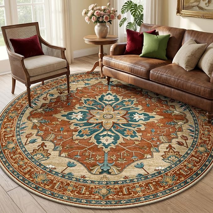 RELEANY Washable Area Rug, Round 6ft, Red/Orange/Blue/Brown | Non-Slip, Water Repellent, Pet Friendly, Easy to Clean, Vintage Floral Boho Decor for Living Room Bedroom Dining Room