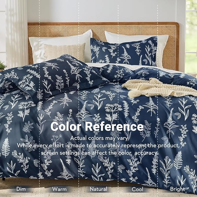 MUXHOMO Duvet Cover King Size, Reversible Floral Navy Duvet Cover Set with Zipper Closure, 3 Pieces Botanical Patterns Soft Microfiber Bedding Set (90"x104", 2 Pillow Cases 20"×36")