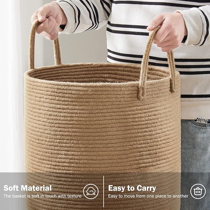 Woven Rope Laundry Hamper Basket by YOUDENOVA, 72L Tall Luandry Basket, Baby Nursery Hamper for Blanket Storage in Bedroom-Large-Jute | Large Laundry Hamper with Sturdy Handles, Collapsible Home Decor Laundry Basket for Laundry, Clothes, Toys in Bedroom