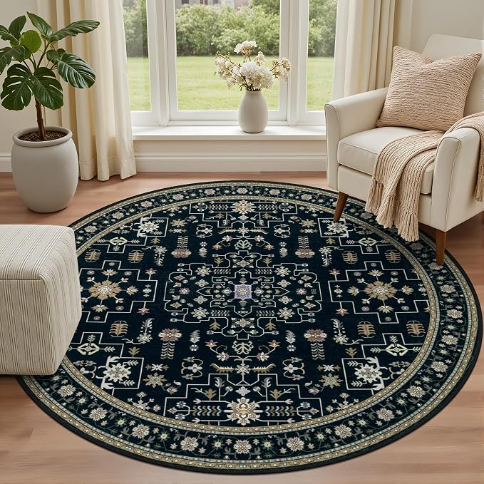 Round Area Rug for Living Room: 8ft Washable Rug for Bedroom Black | Vintage Boho Soft Round Rug Indoor Floor No Slip Carpet Stain Resistant Rugs for Bedroom Dining Room Nursery Home Office