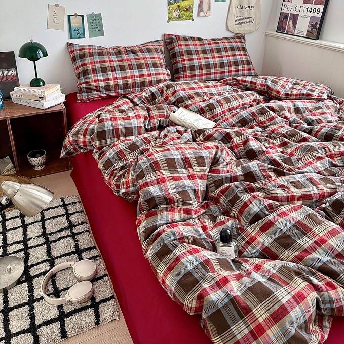 LifeTB Full Comforter Set Vintage Buffalo Plaid Comforter Set, 3 Pieces Red Brown Grid Checkered Comforter with 2 Pillowcases, Breathable Soft Farmhouse Grid Pattern Printed Plaid Gingham Bedding Set