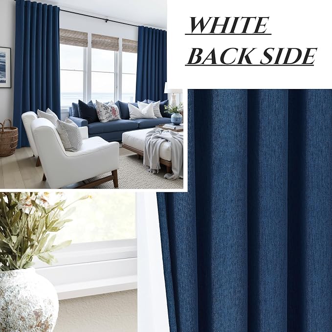 Navy Blue Blackout Curtains 84 Inch Length for Kids/Boys Rooms/Bedroom, Floor to Ceiling Track Pleated Drapes with Hooks Linen Thermal Coastal Curtain Dark Blue Window Burg 50"Wx84"Lx 2Panels Back Tab