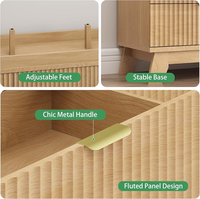 Fluted Dresser for Bedroom with 12 Drawers, 57" Wide Modern Chest of Drawers with Metal Handle, Wooden Dresser TV Stand, Wood Closet Clothes Storage Organizer for Living Room, Hallway, Natural Oak