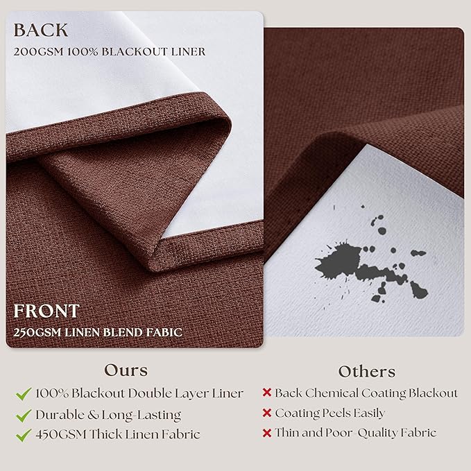 TWODRAPES Red Brown 80 Inch Pinch Pleated Black Out Curtains 2 Panel Set | Pinch Pleat Linen Drapes with Liner, 100% Blackout Light Blocking, Energy Saving Curtain for Dining Living Room Bedroom