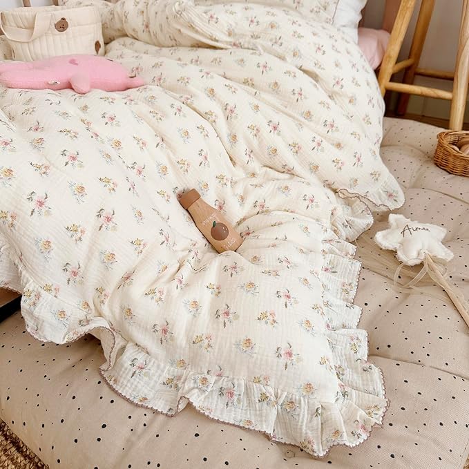 Muslin Cotton Toddler Duvet Cover Soft Double Layers Gauze Bedding Duvet Covers for Toddler Girls Kids Quilt Cover, 47"x59", Azalea Print (No Pillow Cases)