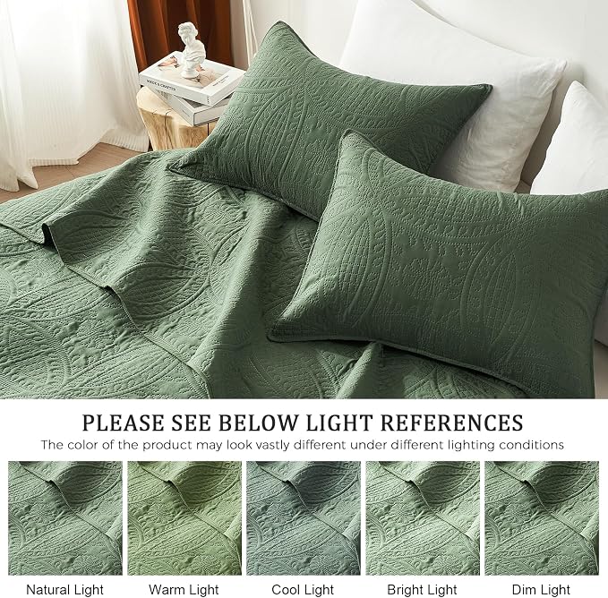 akkialla Queen Quilt Bedding Set,Olive Green Ultrasonic Full/Queen Quilt Set,Lightweight Soft Bedspread Coverlet,Modern Style Coin Pattern Bed Cover for All Seasons,3 Piece(1 Quilt,2 Pillow Shams)