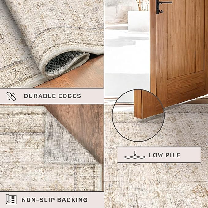 Farmhouse Rugs for Living Room 7x10, Low Pile Soft Retor Foldable Area Rug for Bedroom, Dining Room, Non Slip with Rubber Backing, Light Beige Vintage Home Décor, Geometric Floral Carpet
