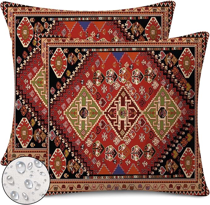 Outdoor Waterproof Pillow Covers 18x18 Inch Set of 2 Tribal Abstract Red and Black Vintage Carpet Pattern Decorative Farmhouse Pillow Covers for Couch Garden Balcony