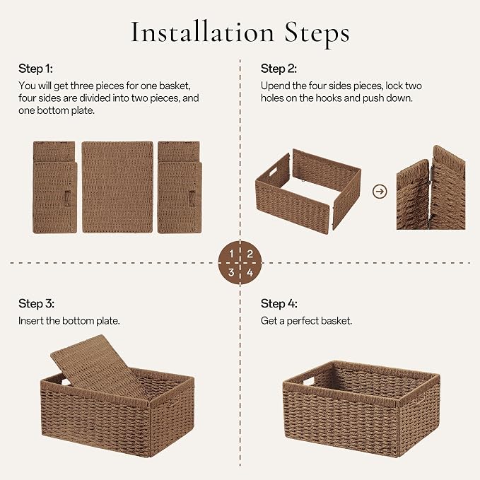 UBBCARE 2 Pack Wicker Basket, 13.4L×8.3H×7.1W inch Woven Paper Rope Storage Baskets for Shelves, Foldable Rectangular Storage Baskets with Handle, Storage Basket for Organizing, Caramel