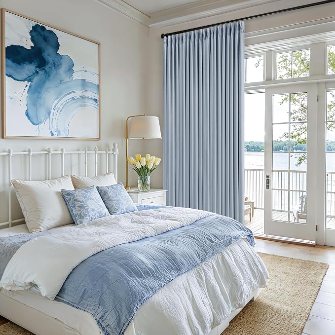 Light Blue Linen Memory Trained Black Out Pleated 105 Inch Curtains 2 Panel | 100% Blackout Drapes with Liner, for Dining Kids Girls Bedroom, Pinch Pleat with Hooks Rings, Thermal Insulated Soundproof