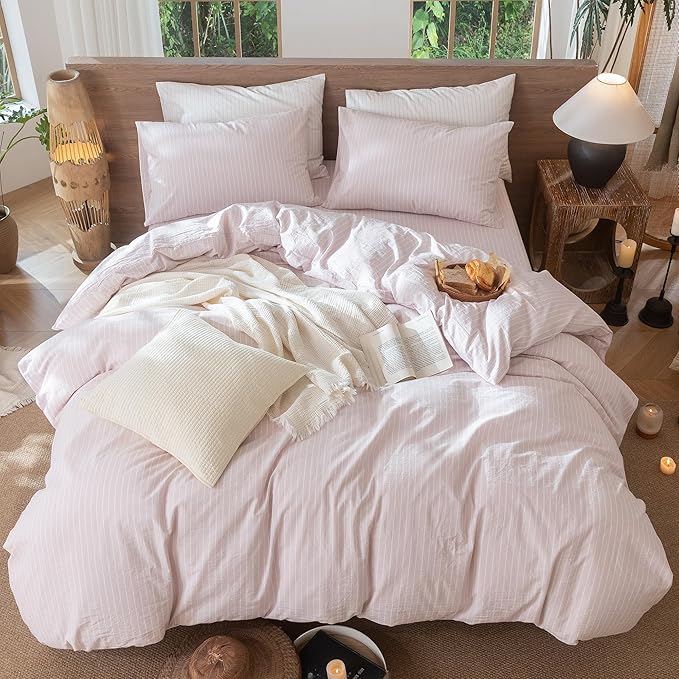 MooMee Striped Duvet Cover Set 100% Washed Cotton Linen Like Queen | Relaxed Linen-like Texture. Soft, Breathable & Long-lasting Comfort. Lightweight. Hidden Zipper with 8 Interior Corner Ties