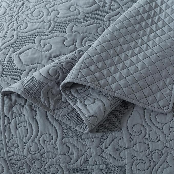 Reversible Quilt Bedspread Embroidered Microfiber Coverlet Set,Jacquard Embossed Floral,Grey, King Size