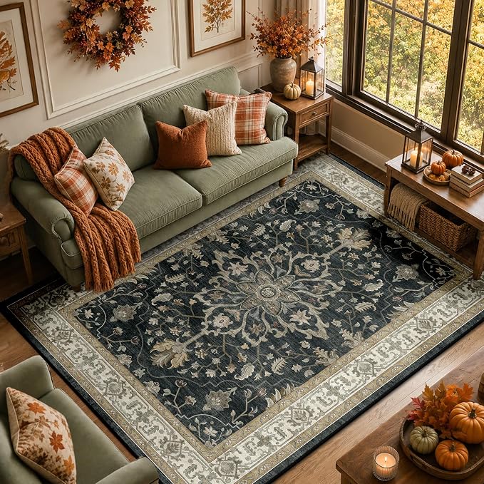 RELEANY Washable Area Rug, 5'x7', Black/Vintage/Beige | Non-Slip, Water Repellent, Pet Friendly, Easy to Clean, Vintage Floral Boho Decor for Living Room Bedroom Dining Room Office