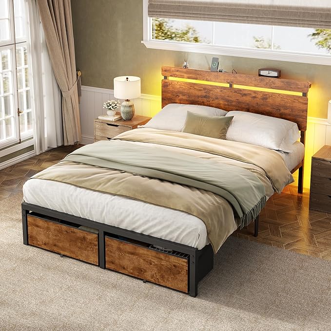 Forestell Full Size Bed Frame with Wood Headboard,2 Storage Drawers & Shelf | Built-in Charging Station & LED Lights, Metal Support, No Box Spring Needed, noise-free, easy assembly, Smart RGB, USB+Type-C