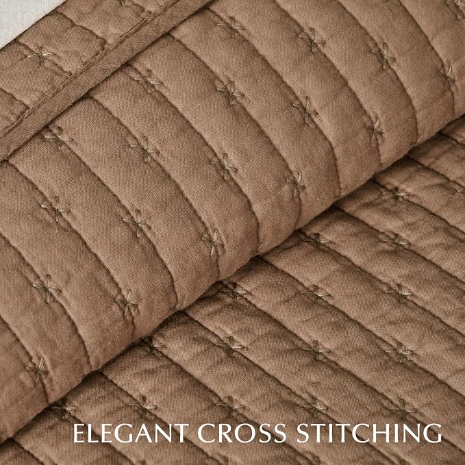 100% Cotton Cross Stitch 3-Piece Quilt Set, Queen, Camel Brown | 100% Cotton, Elegant Cross Stitch, Soft & Breathable, Prewashed Softness, Oversized Design, OEKO-TEX® Certified