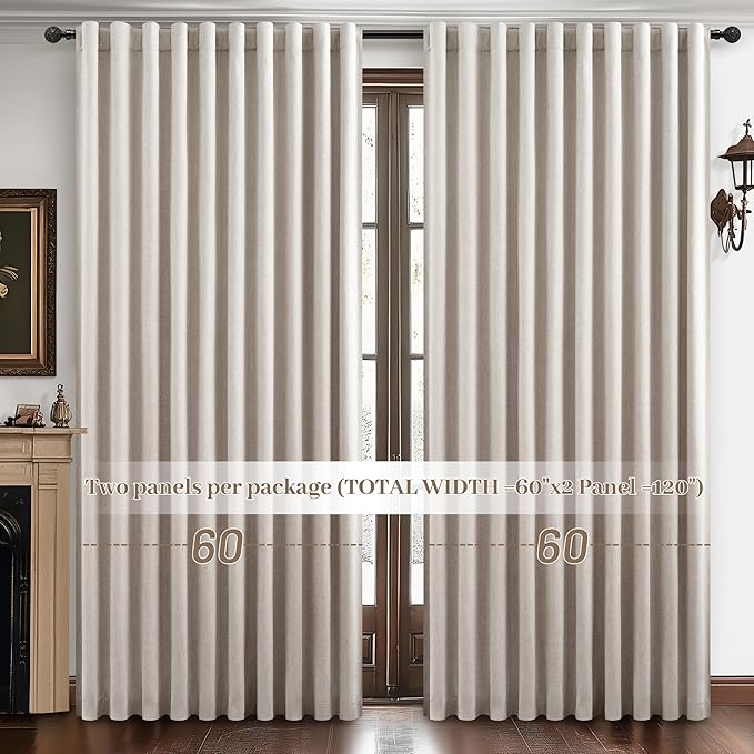 Blackout Curtains 60 Inches Extra Wide Natural Linen Curtains 102 Inch Length for Living Room, Pleated Farmhouse Bedroom Thermal Heavy Drapes for Winter Thick Large Window 60"W x 102"L 2 Panels