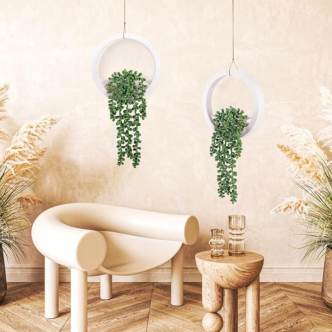 Der Rose 2 Pack 16" Artificial Hanging Plants in White Pots for Wall Decor | Realistic cascading pearls, hanging ropes, shelf display for bathroom bedroom living room boho wall decor，fresh all year
