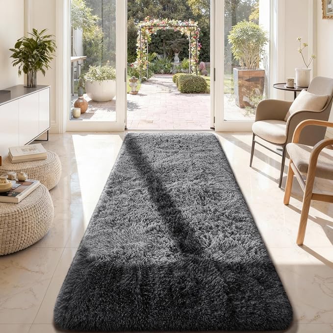Ophanie Runner Rug for Hallway, 3x8 Washable Non-Slip Fluffy Soft Bedside Rugs, Bedroom Living Room Shaggy Carpet for Kids Girls Boys Dorm Nursery Decor Aesthetic, Grey with Over 99 pcs Pile fibers