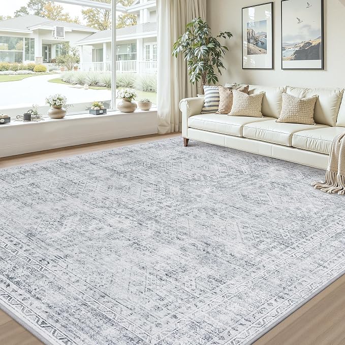 10x12 Area Rugs Living Room: Bedroom Neutral Washable Carpet Gray | Vintage Boho Soft Small Indoor Decor Floor Non-Slip Low Pile Neutral Farmhouse Entryway Laundry Bathroom Bedroom Beside Rugs