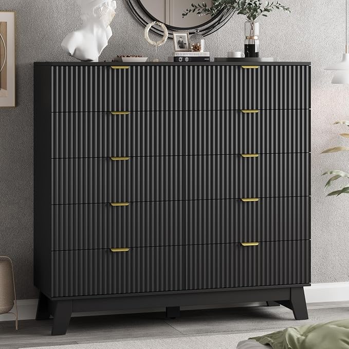 Xixini Fluted Dresser for Bedroom with 10 Drawers, 48" Wide Modern Chest of Drawers with Metal Handle, Wooden Dresser TV Stand, Wood Closet Clothes Storage Organizer for Living Room, Hallway, Black