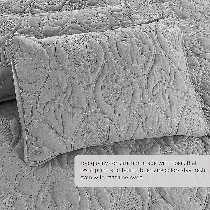 Pure Bedding Quilt Set Full/Queen Size Light Grey - Oversized Bedspread, Soft Microfiber Coverlet for All Season - Includes 1 Quilt and 2 Shams, Ocean Star Pattern