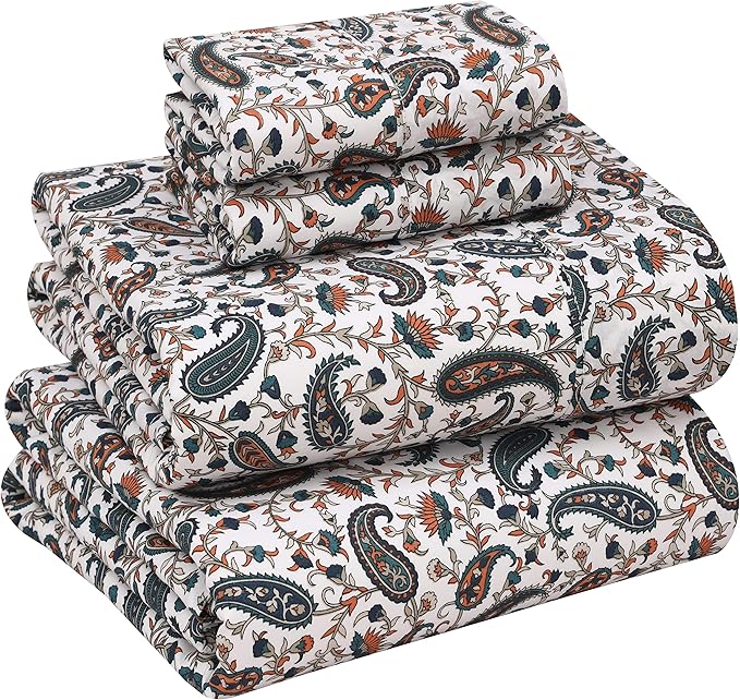 RUVANTI 100% Cotton Percale Sheets, Queen Size, Teal Paisley | Crisp Cooling, Deep Pocket 16", Soft Breathable & Durable, Hotel-Style, 4 Piece Set