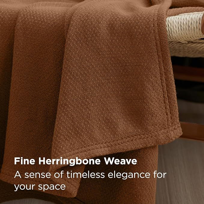 Bedsure 100% Cotton Blanket, Herringbone Weave, Queen Size, Burnt Orange | Breathable, Lightweight, Soft, Cooling for Hot Sleepers, Ideal for Summer & Fall Nights, Machine Washable, 90x90 Inches