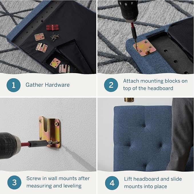 Lucid Mid-Rise Upholstered Headboard - Diamond Tufted - Padded Polyester - Adjustable Height from 34” to 46” - Easy Assembly - Bed Frame or Wall Mount - Sturdy - Cobalt - Full / Full XL Size