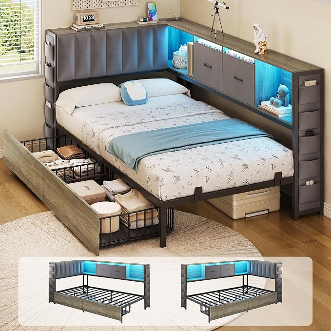 MapleGrace Twin Corner Bed Frame with Upholstered Storage Headboard and Drawers, Metal Platform Bed Frame with LED Light and Charging Station, Twin Daybed for Living Room, Bedroom & Guest Room, Gray