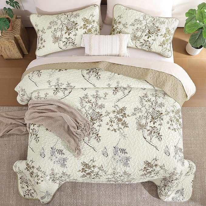 WONGS BEDDING Floral Quilt Set Full,3 Pcs Brown Bedspreads Coverlets Set | Spring Summer Floral Farmhouse Bedspread with 2 Shams,Soft Microfiber Lightweight Coverlet for All Season 78"×90"