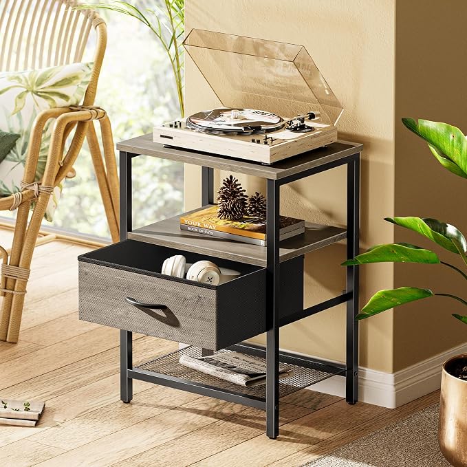 Huuger Nightstand Set of 2, Night Stand with Fabric Drawer, Mesh Shelf | Side Table with Storage, Fabric Drawer Dresser, Open Shelf, Metal Frame, Bedroom, Oak