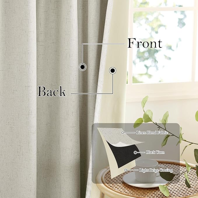 RYB HOME Beige Blackout Curtains 90 inches Long 2 Panels Set, Thermal Insulated Total Light Blocking Noise Reducing Neutral Linen Drapes for Living Room Nursery Office, 52" W x 90" L
