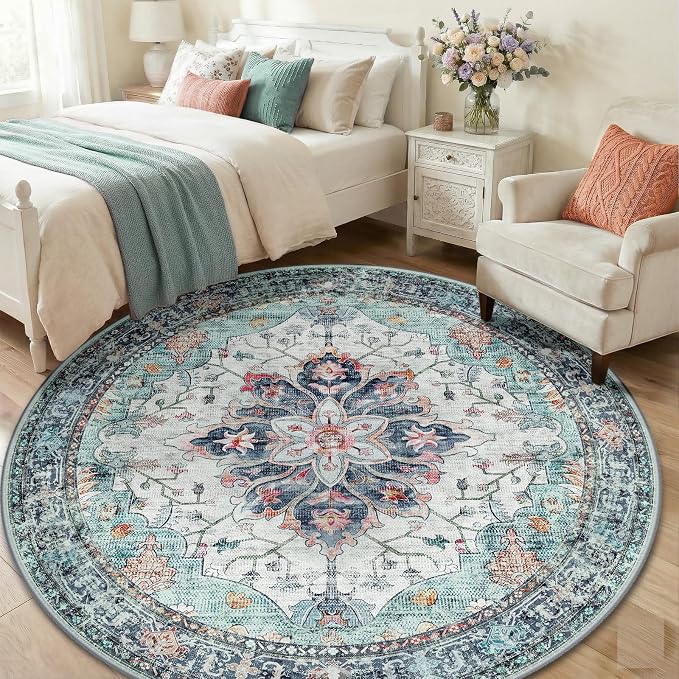 RELEANY Washable Area Rug, Round 6ft, Teal Green/White/Navy | Non-Slip, Water Repellent, Pet Friendly, Easy to Clean, Vintage Floral Boho Decor for Living Room Bedroom Dining Room