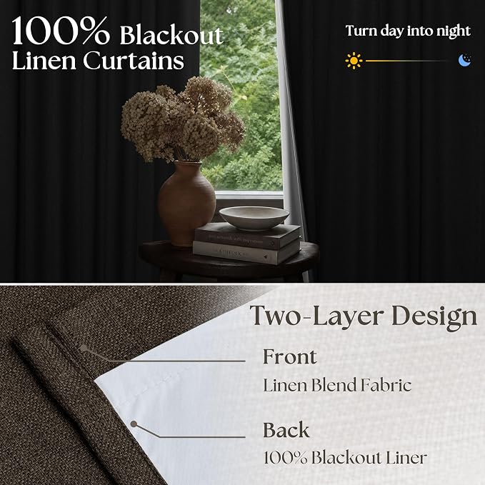Dark Chocolate 100 Inch Linen Pleated Blackout Curtains for Living Room | Memory Trained, Dual Layer, Heavy Burlap Curtain, Sound Dampening, Heat Blocking, Floor to Ceiling Windows Drapes, 2 Panels
