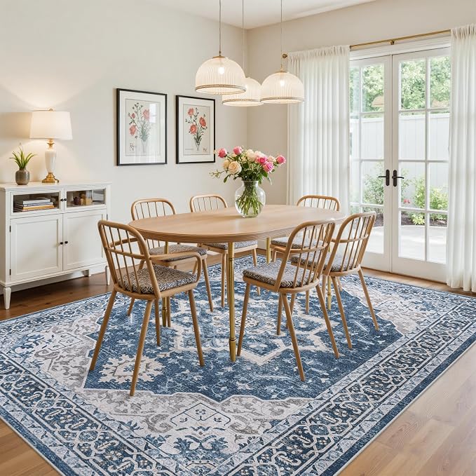 9x12 Washable Area Rugs for Living Room Blue Non-Slip Rug | Vintage Medallion Rug，Soft Low Pile Large Rugs，Indoor Retro Carpet for Bedroom Nursery Dining Table Farmhouse Home Office