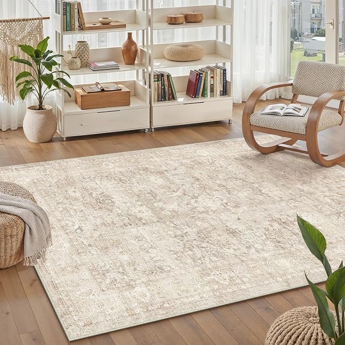 4x5 Beige Neutral Living Room Bedroom Area Rug | Washable, Soft, Non Slip, Low Pile, Vintage, Distressed, Carpet for Dining Room Nursery Office Indoor Home Decor
