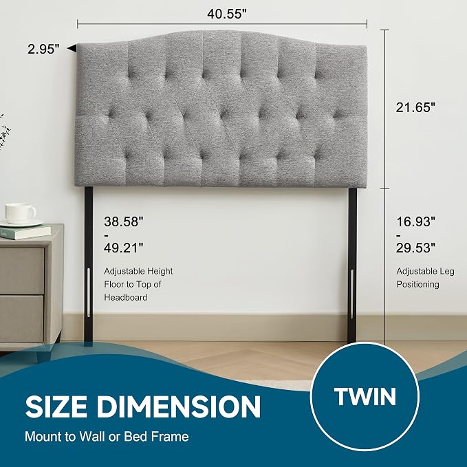 Tufted Upholstered Twin Headboard Only, Adjustable Heige 38-50 in, Gray | Twin Size Headboard for Dorm Bed, Durable Linen Fabric Headboards, Twin XL Headboard with Modern Diamon Design Wood