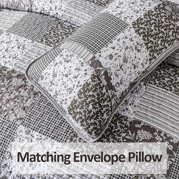 Mybedsoul Boho Quilts Queen Size, Floral Patchwork Bedding Set, Grey | Soft Lightweight Microfiber Coverlet Set, 3 Pieces Plaid Reversible Bedspread, Bed Sets for All Seasons 90"x96"