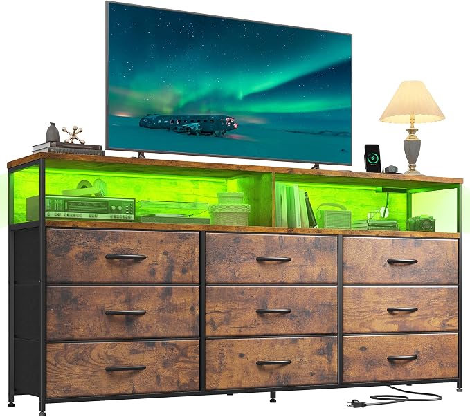 Romorgniz 55" W Dresser for Bedroom with 9 Drawers LED TV Stand with Power Outlets for 45, 55, 65 Inch TV Sturdy Long Chest of Drawers with Extra 2 Wooden Shelves Steel Frame Rustic Brown
