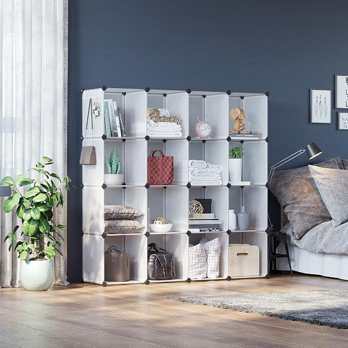 C&AHOME 16 Cube Storage Organizer Cube Shelves Units Storage Cubes, White | Plastic DIY Closet Organizer, Stackble Modular Closet Storage Shelves Ideal for Home, Bedroom, 48.4" L × 12.4" W × 48.4" H