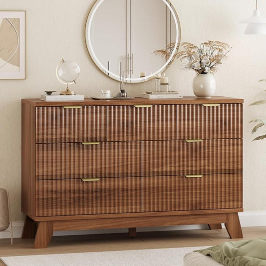 Xixini Fluted Dresser for Bedroom with 7 Drawers, 48" Wide Modern Chest of Drawers with Metal Handle, Wood Dresser TV Stand, Wooden Closet Clothes Storage Organizer for Living Room, Hallway, Walnut