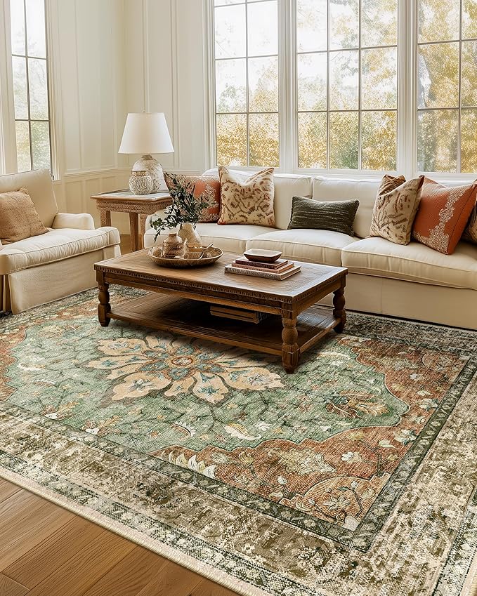 RELEANY Washable Area Rug, 7'x9', Brick/Brown/Green | Non-Slip, Water Repellent, Pet Friendly, Easy to Clean, Vintage Floral Boho Decor for Living Room Bedroom Dining Room Office