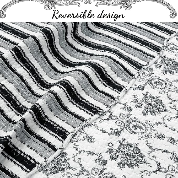 Cozy Line Home Fashions French Medallion Black White Grey Rose Flower Pattern Printed 100% Cotton Bedding Quilt Set Reversible Coverlet Bedspread (Black White, King - 3 Piece)