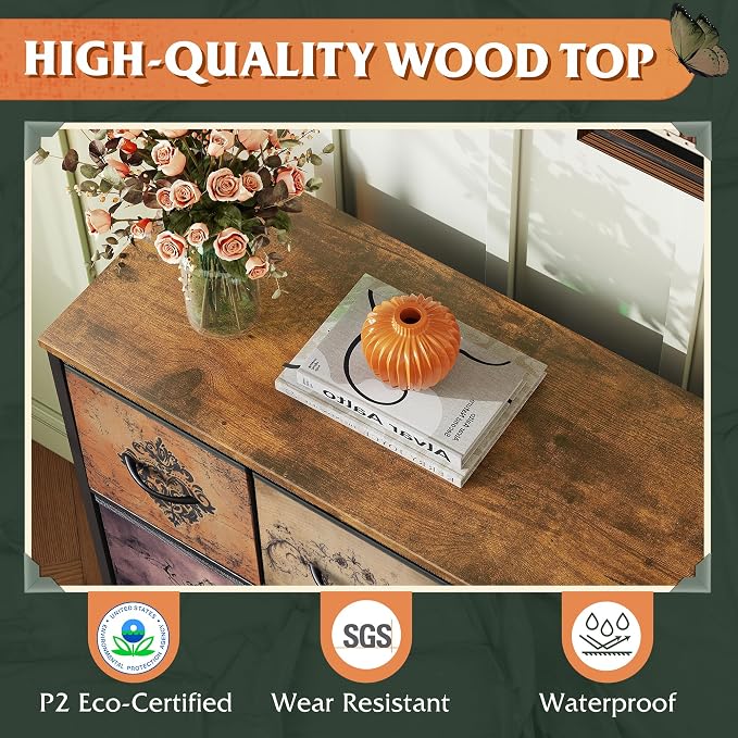 WLIVE Wide Dresser for Bedroom, 8 Drawer Chest of Drawers, Pattern | 8 roomy fabric drawers, Wide storage design, Bedroom or closet use, Sturdy steel frame, Smooth wood tabletop